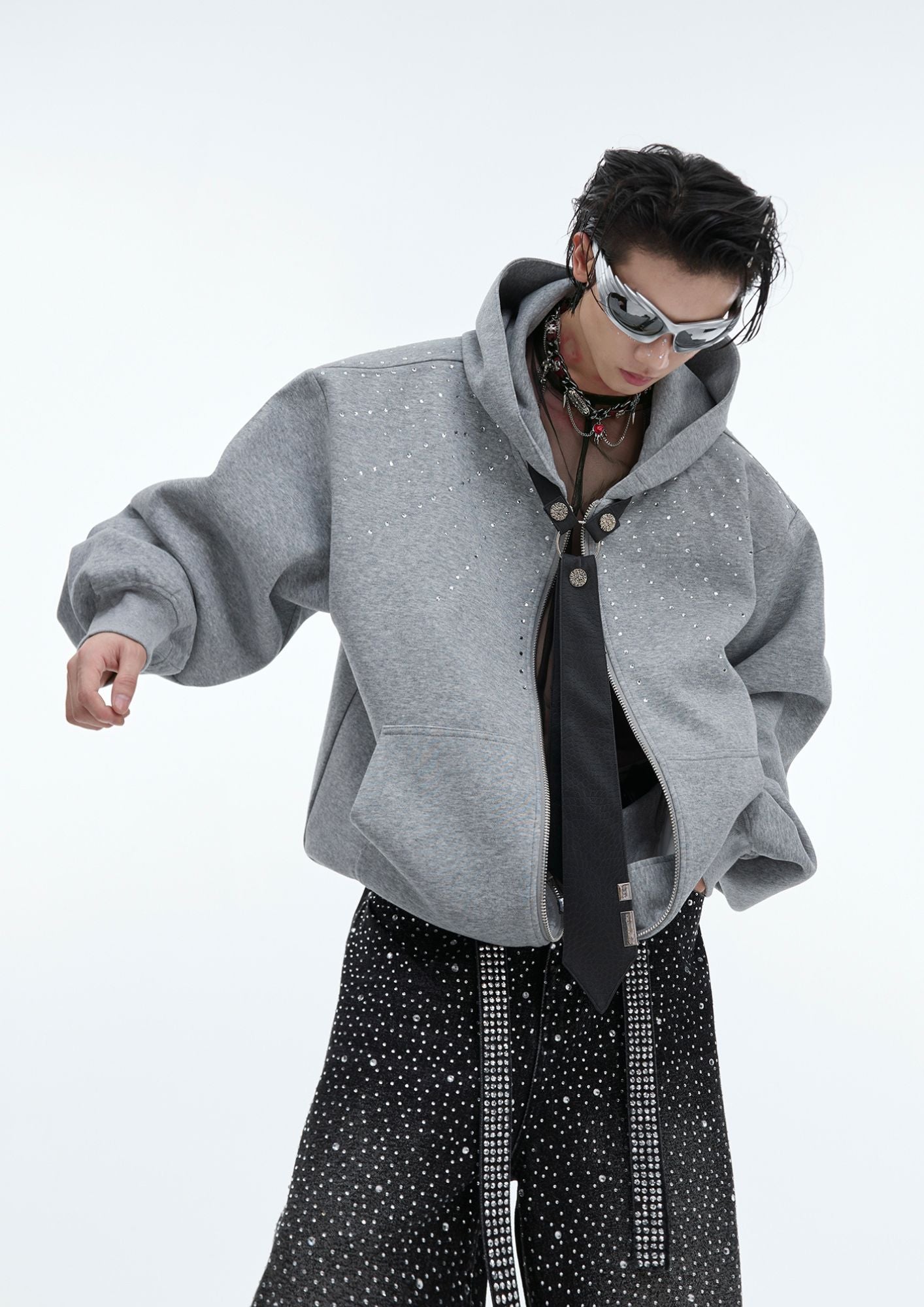 "ArguE CulturE" Rhinestone Detachable Tie Hooded Sweater